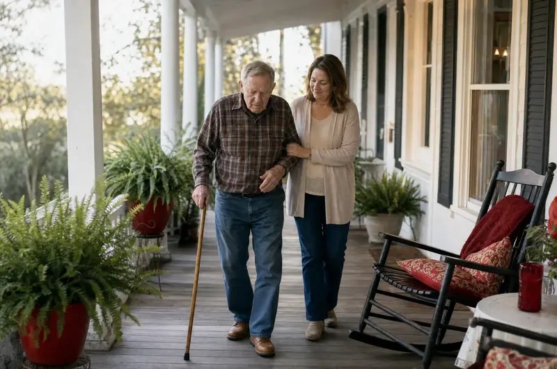 A caregiver steadying an older man with a cane on a sunny front porch