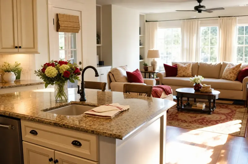 A spotless, sunlit kitchen and living room with fresh flowers