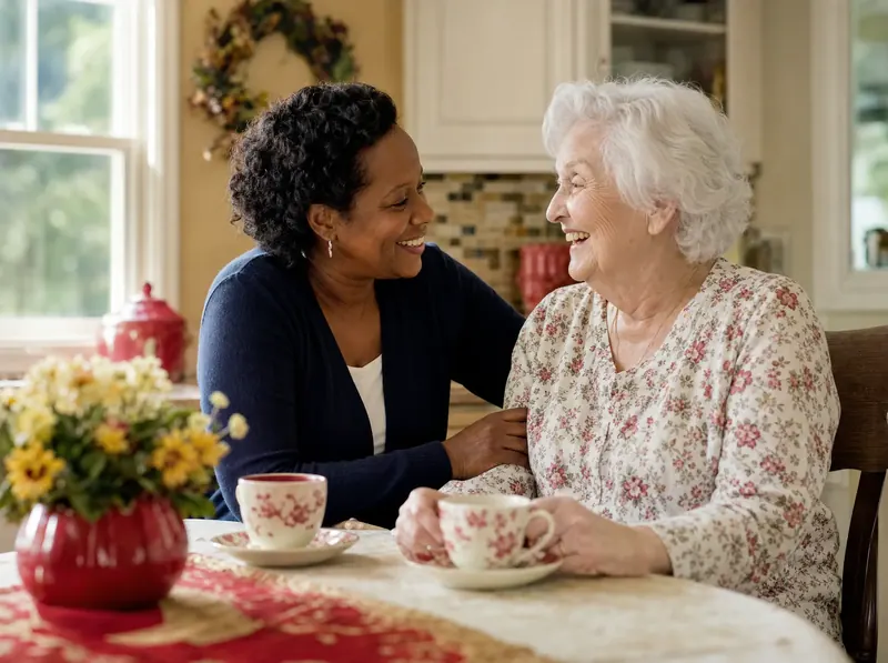 A caregiver sharing tea and a laugh with an older woman at her kitchen table