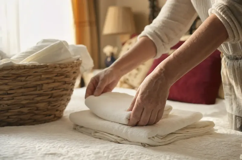 Hands folding fresh white towels on a neatly made bed